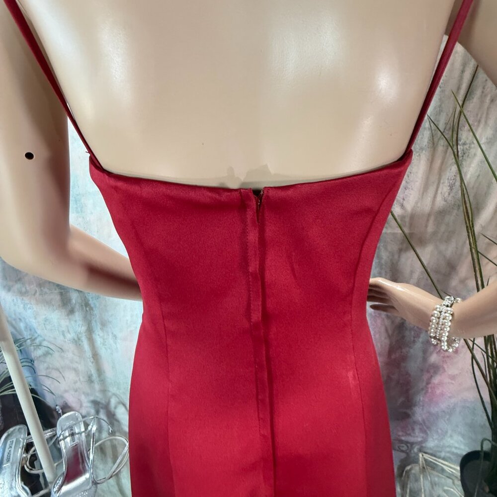 📌Alexia Designs Gothic Style  Red Satin Prom - Formal Dress w/ Black Lace Trim - Picture 8 of 16